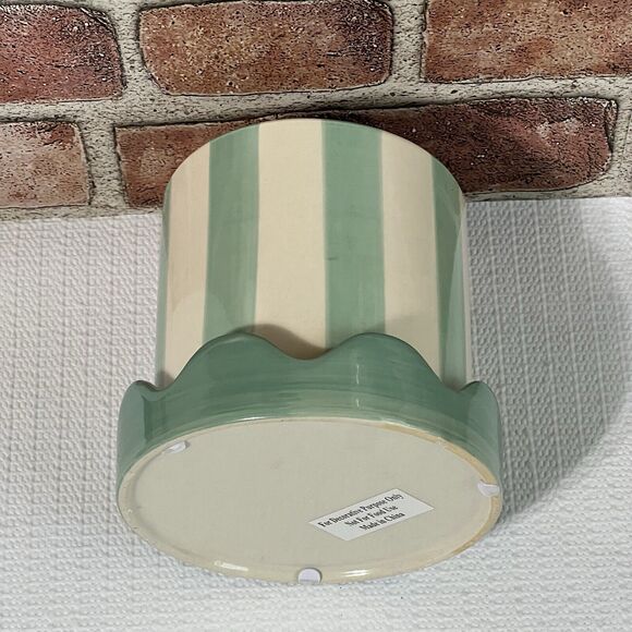 Striped Ceramic Planter Scallop Petal Edge DRAINAGE Attached Saucer Blue Cream - Picture 4 of 12